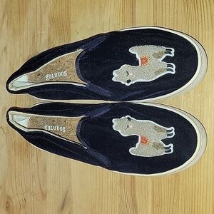 Soludos navy blue velvet llama embroidered slip on sneakers
